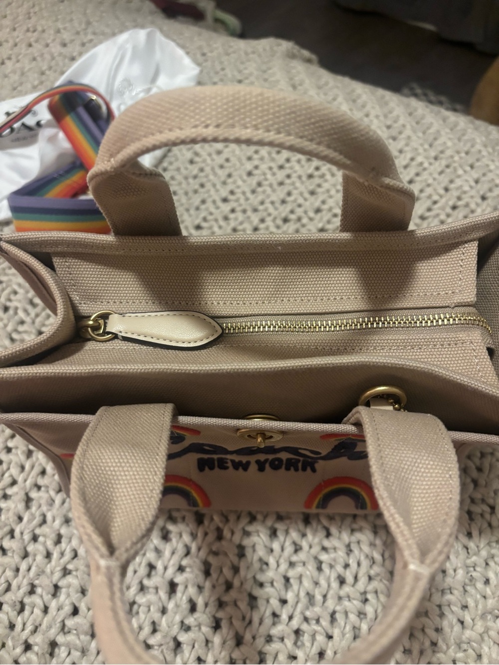 Coach Beige Canvas Tote with Rainbow Appliqués and Striped Strap - Picture 7 of 11